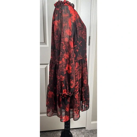 H&M Size 10 Floral Print Tiered‎ Mini Dress Long Sleeve Sheer Red Black Swing - Picture 2 of 11